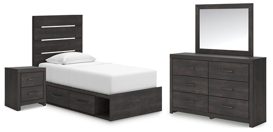 Hollivern Twin Panel Bed with Storage with Mirrored Dresser and Nightstand