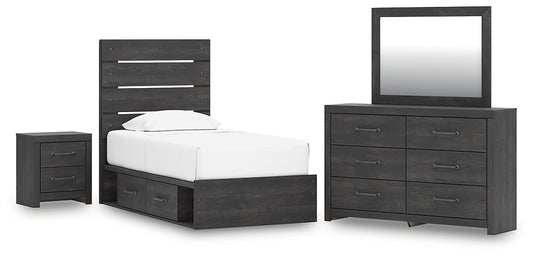 Hollivern Twin Panel Storage Bed with Mirrored Dresser and Nightstand