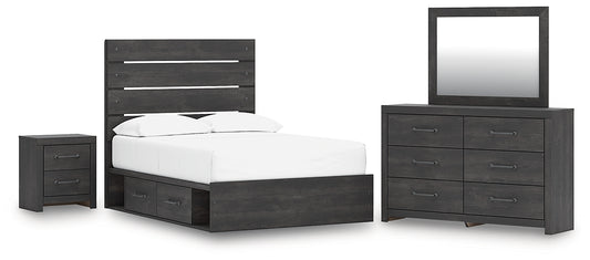 Hollivern Full Panel Bed with Storage with Mirrored Dresser and Nightstand