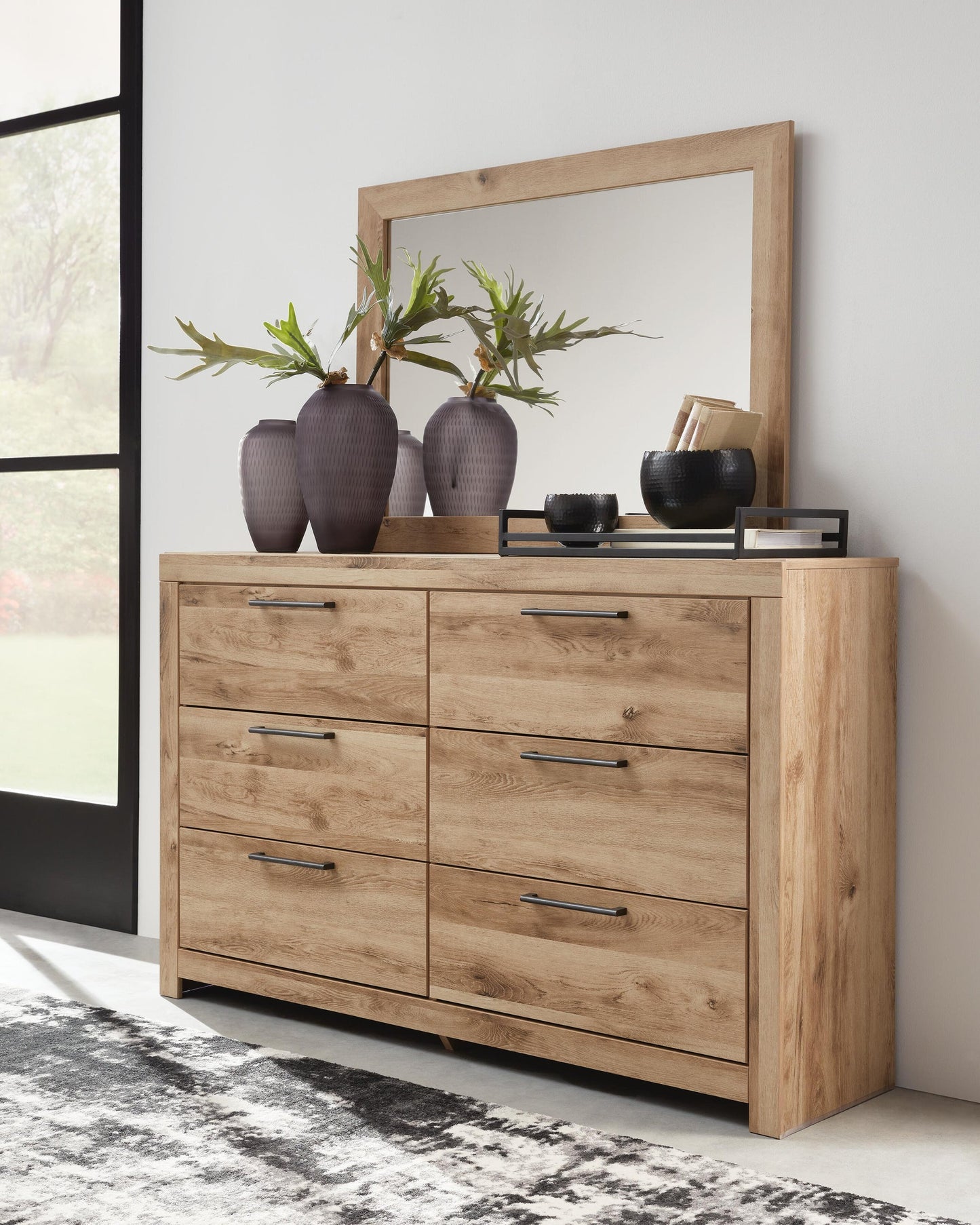 Hyanna Queen Panel Storage Bed with 1 Under Bed Storage Drawer, Dresser, Mirror, Chest and Nightstand
