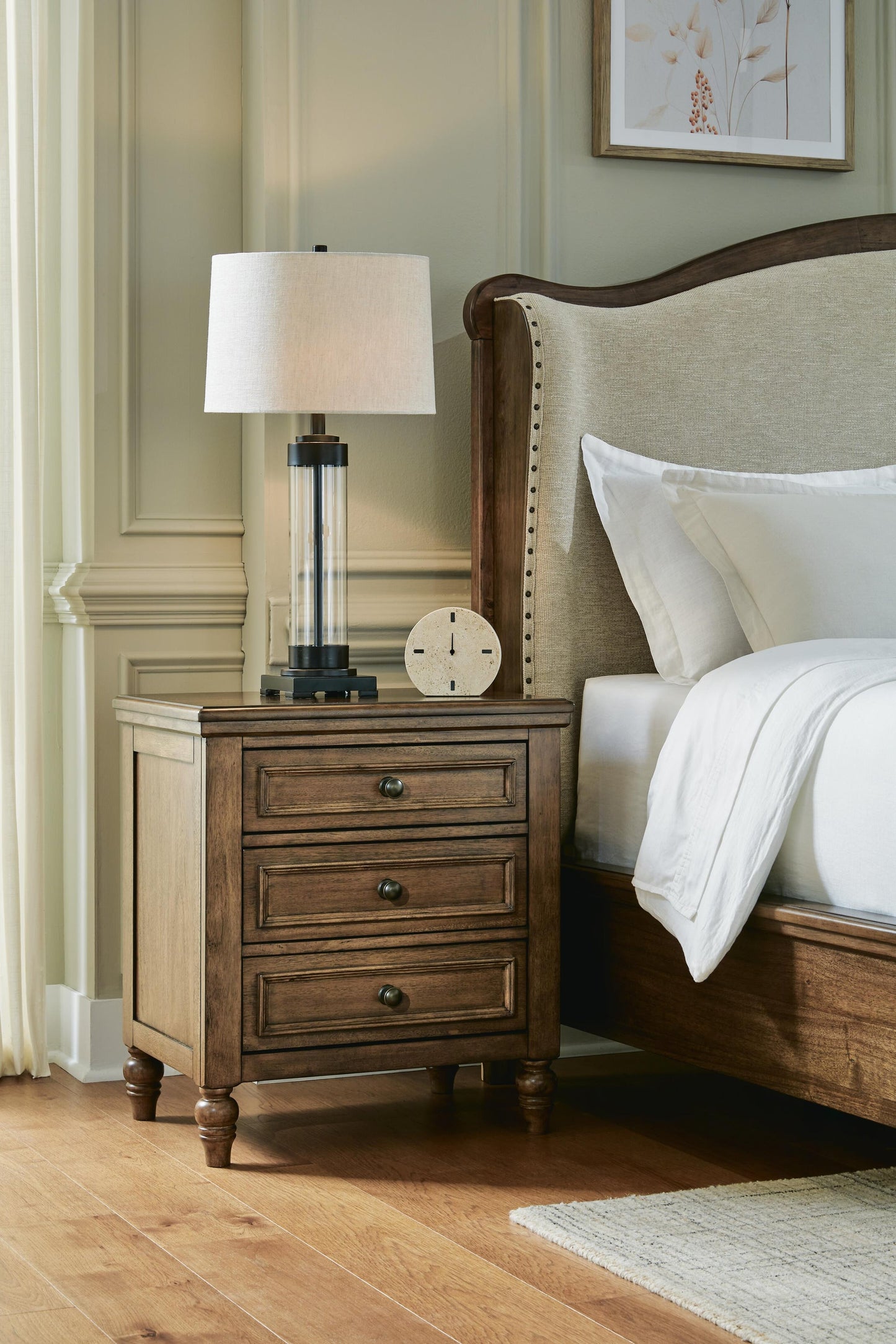 Sturlayne California King Upholstered Panel Bed, Dresser, Mirror, Chest and Nightstand