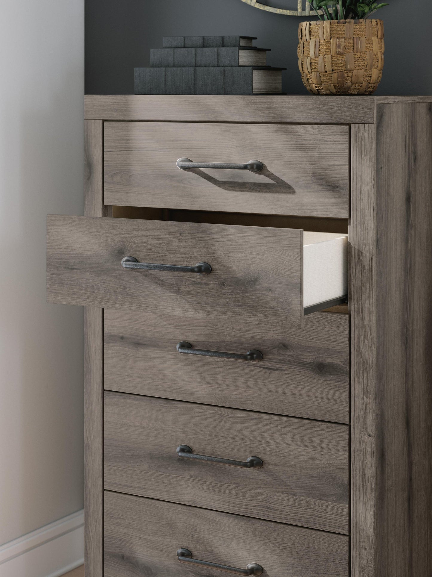 Graystorm Full Panel Storage Bed, Dresser, Mirror, Chest and Nightstand