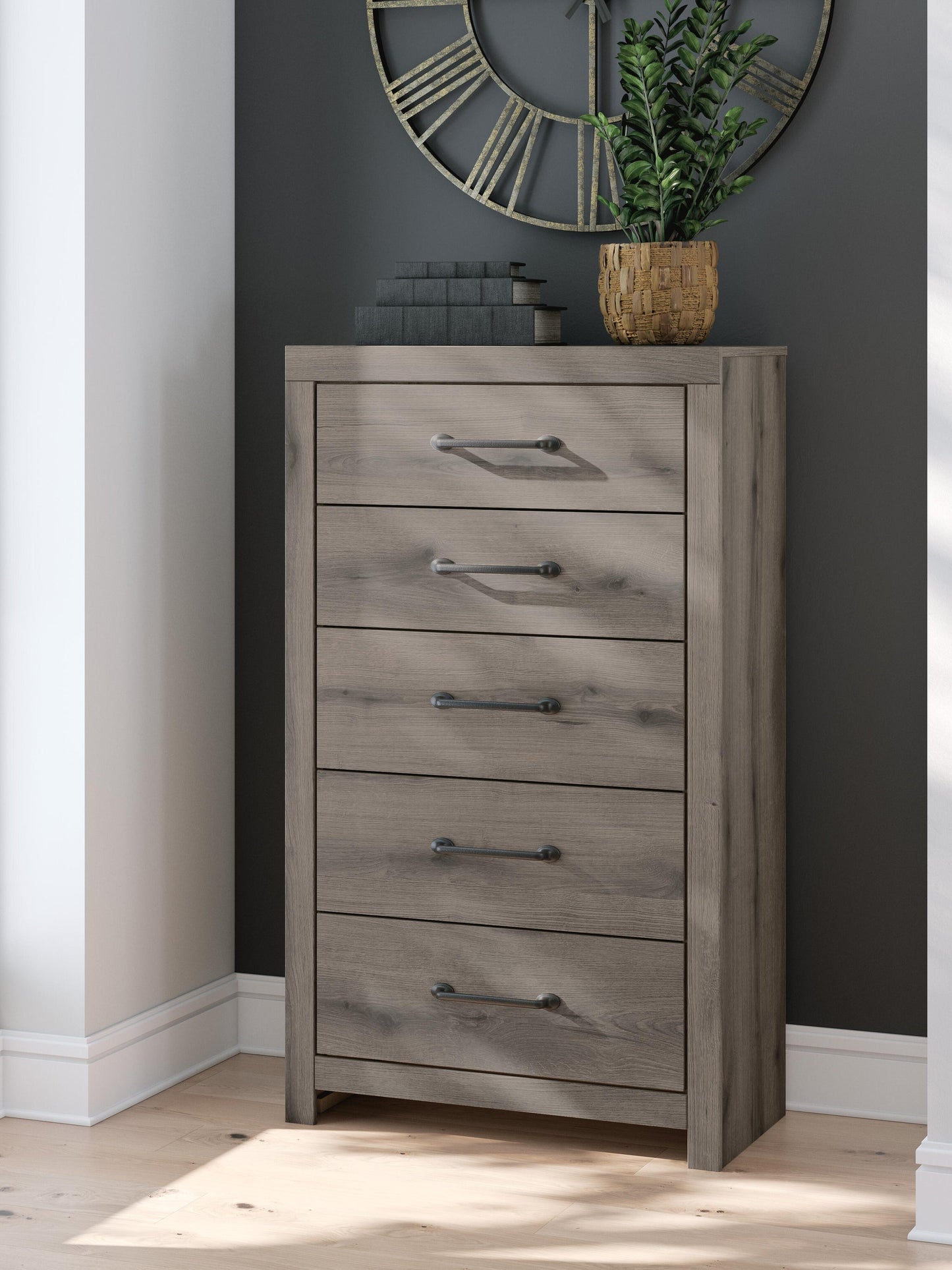 Graystorm Full Panel Bed with Storage, Dresser, Mirror, Chest and Nightstand