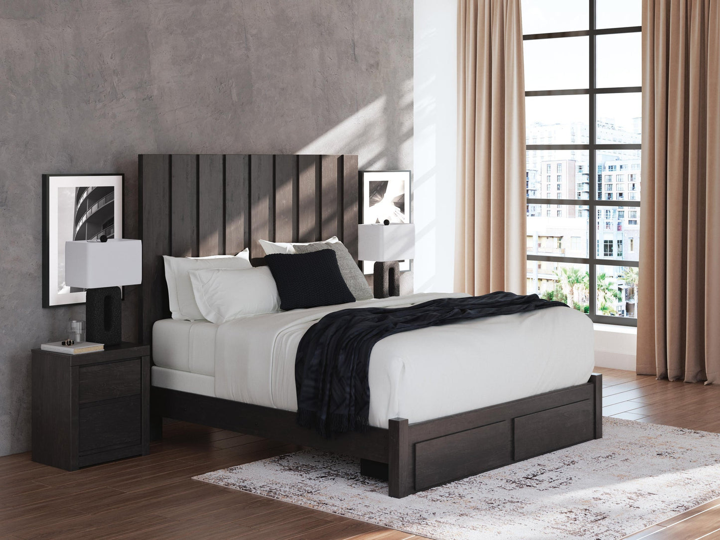 Fraluna King Panel Storage Bed, Dresser, Mirror, Chest and Nightstand