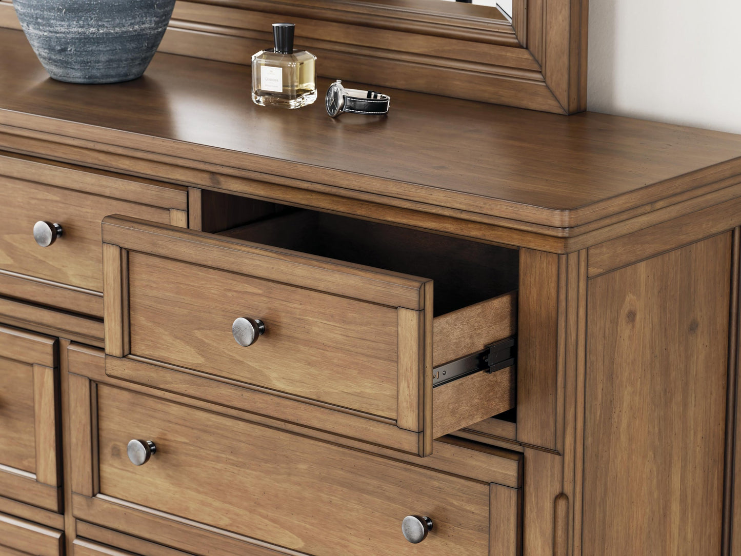 Feddinger Queen Storage Sleigh Bed with Mirrored Dresser