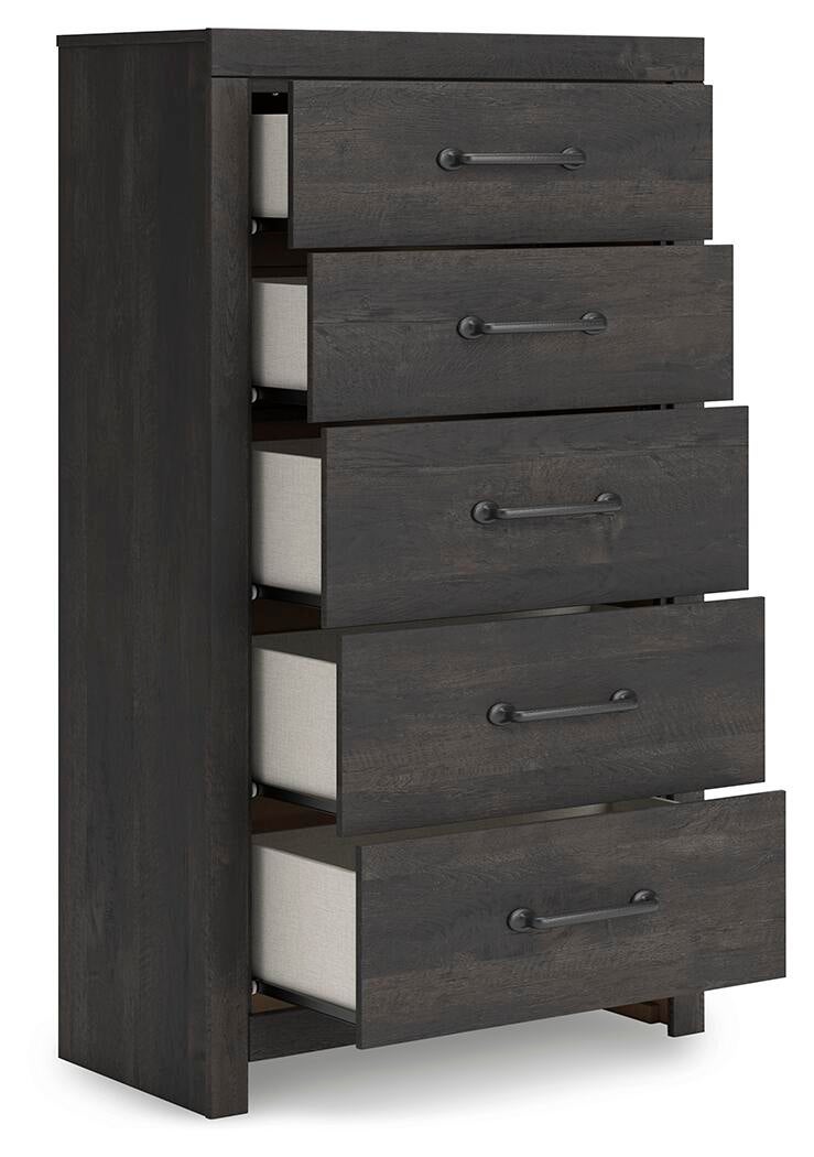 Delmorta Full Panel Bed, Dresser, Mirror, Chest and Nightstand