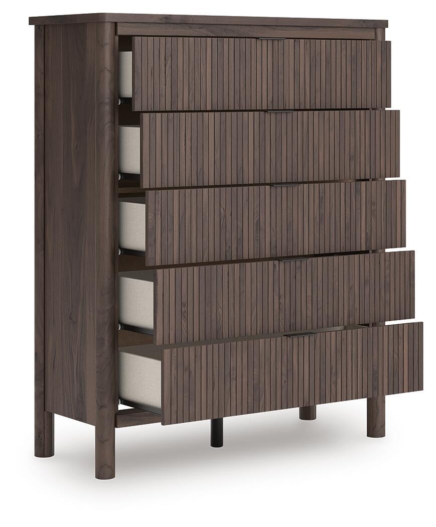 Cadmori Twin Upholstered Panel Platform Bed, Dresser, Mirror, Chest and Nightstand