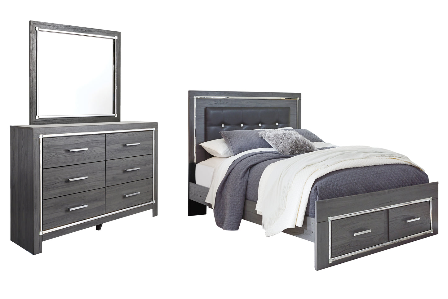 Lodanna Queen Panel Bed with 2 Storage Drawers with Mirrored Dresser
