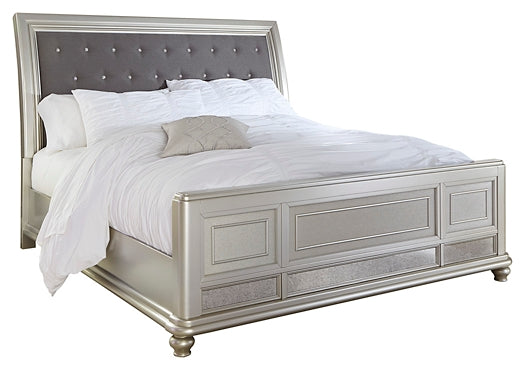 Coralayne California King Upholstered Sleigh Bed with Mirrored Dresser, Chest and 2 Nightstands