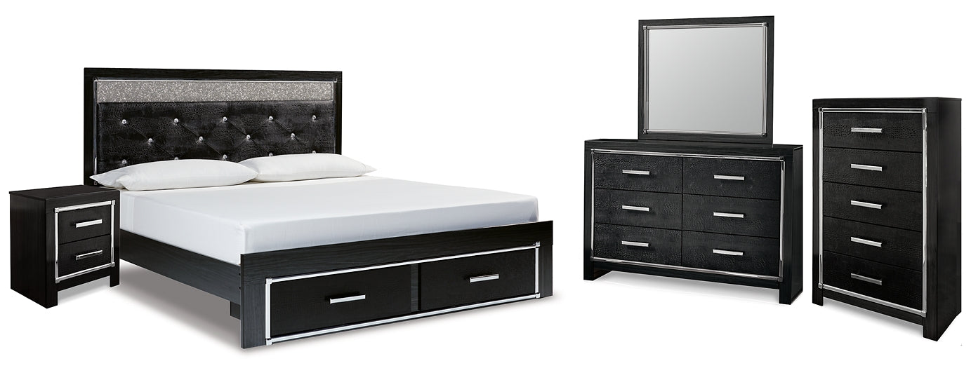 Kaydell King Upholstered Panel Storage Platform Bed with Mirrored Dresser, Chest and Nightstand
